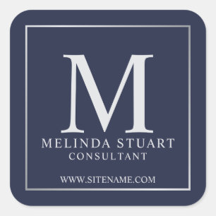 Sticker Carré Marine Bleu et Argent Élégant Monogramme Business