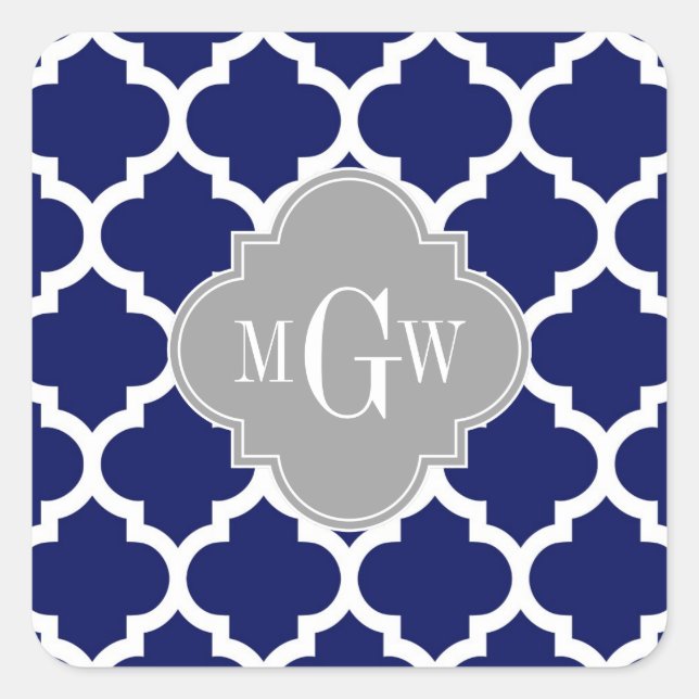 Sticker Carré Marine Bleu Marocain #5 Gris 3 Monogramme initial (Devant)