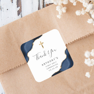 Sticker Carré Marine Blue Agate Première Sainte Communion Merci