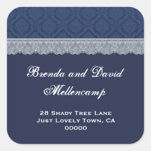 Sticker Carré Marine Blue and Silver Mariage Damask Lace Adresse