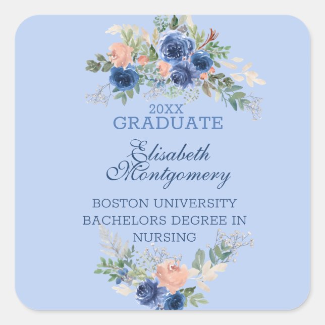 Sticker Carré Marine Blue Blush Rose Roses Boho Graduation (Devant)