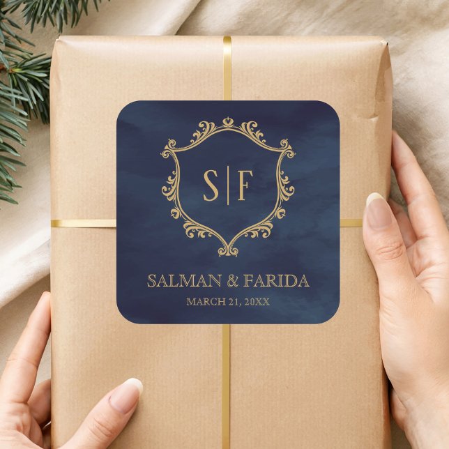 Sticker Carré Marine Blue Gold Crest Monogramme mariage Faveur (Créateur téléchargé)