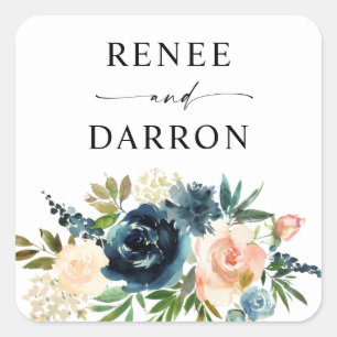 Sticker Carré Marine & Dusty Blue Blush Rose Floral