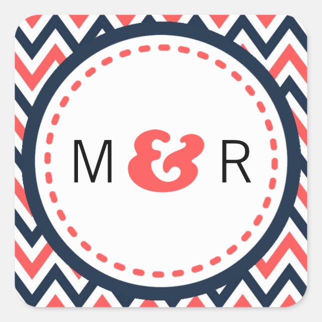 Sticker Carré Marine moderne et Coral Chevron & Lovebirds Mariag (Devant)