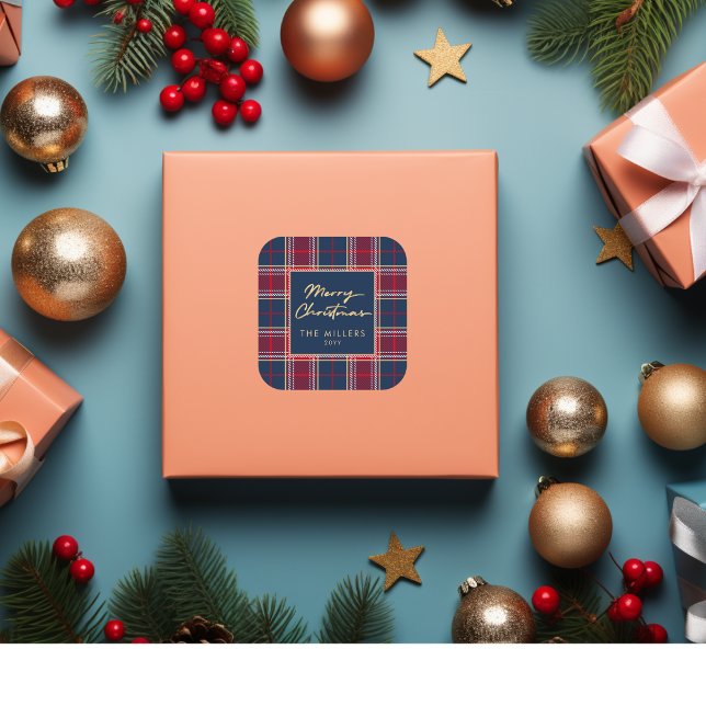 Sticker Carré Marine Tartan Rouge Plaid Moderne Élégant Minimali (Navy Red Tartan Plaid Modern Elegant Minimalist Square Sticker)