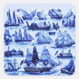 Sticker Carré MARITIME, NAVIRES VINTAGES, NAVIRES À VOILE, Bleu