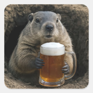 Sticker Carré Marmotte avec chope de bière
