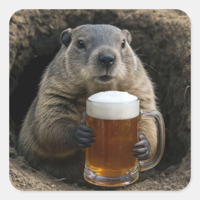 Sticker Carré Marmotte avec chope de bière (Devant)