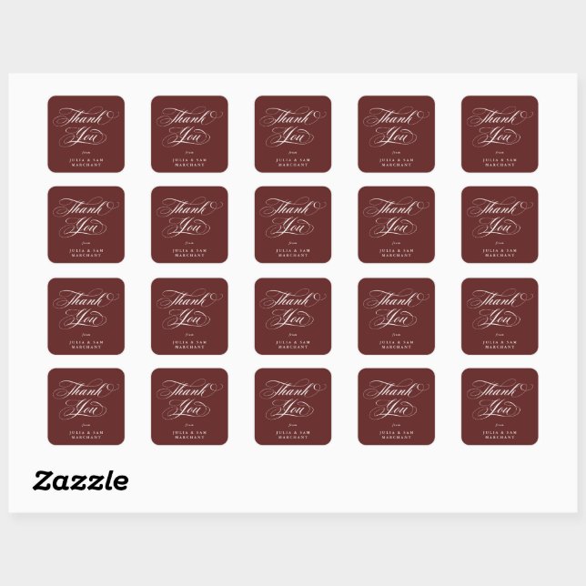 Sticker Carré Maroon Elegant Script Mariage Merci (Feuille)
