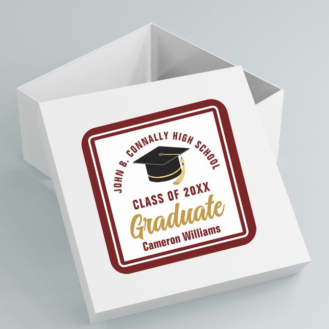 Sticker Carré Maroon Gold Graduate Personnalisée Graduate Party (Créateur téléchargé)