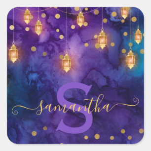 Sticker Carré Marrakech Midnight Lanterns & Gold Bokeh Monogram