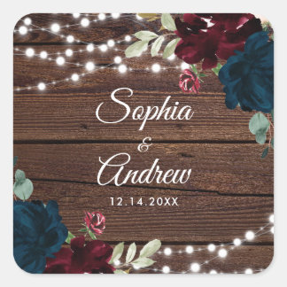 Sticker Carré Marsala & Navy Mariage en bois rustique