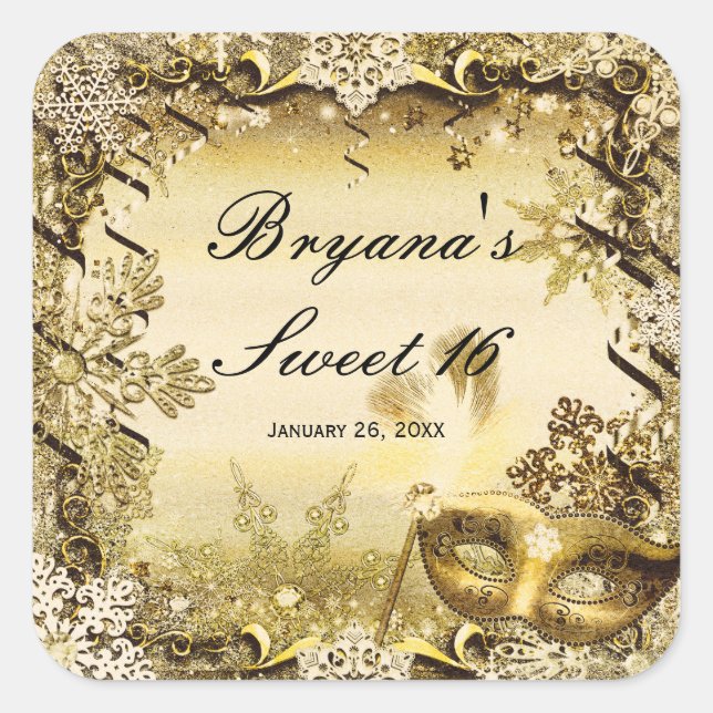 Sticker Carré Mascarade d'or Masque & Snowflakes d'hiver élégant (Devant)