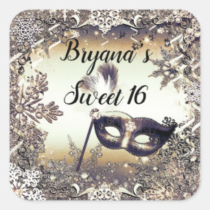 Sticker Carré Mascarade en bronze blanc & Snowflakes hiver