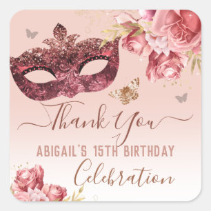 Sticker Carré Mascarade florale rose joyeux 15e anniversaire