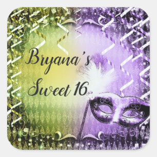 Sticker Carré Mascarade verte et violette Masquerade Mardi Gras