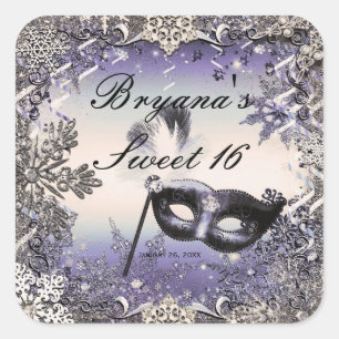 Sticker Carré Mascarade Violet & Argent & Flocons de Neige