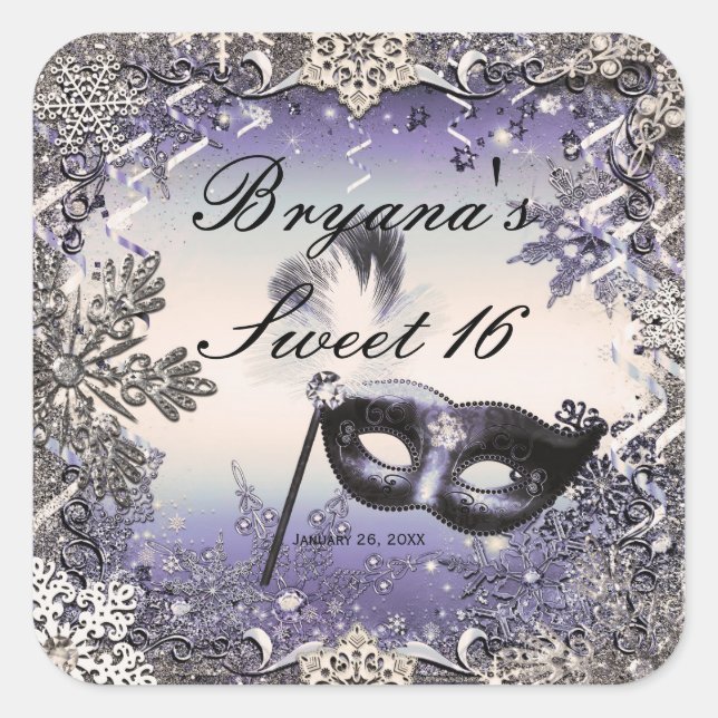 Sticker Carré Mascarade Violet et Argent & Flocons de Neige (Devant)