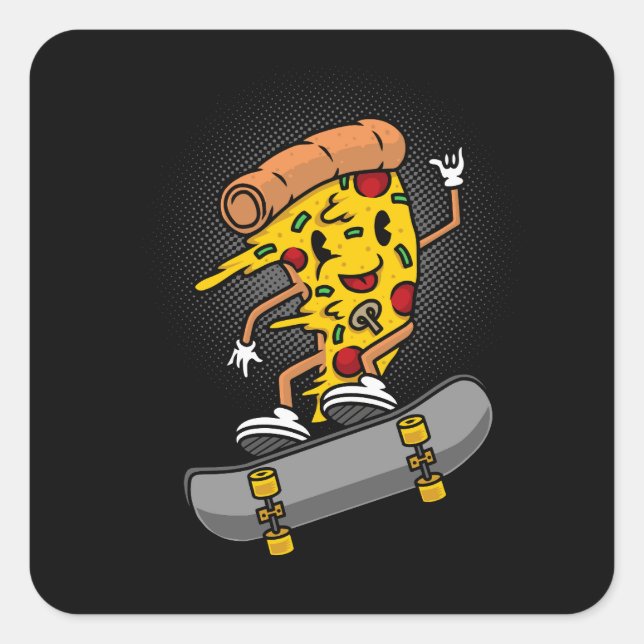 Sticker Carré mascotte mignonne skateboard pizza illustration (Devant)