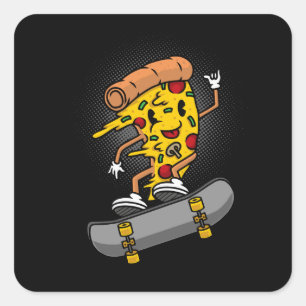Sticker Carré mascotte mignonne skateboard pizza illustration
