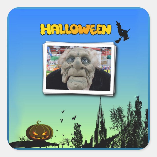 Sticker Carré Mask of Old Man, Flying Witch and Jack o Lantern (Devant)