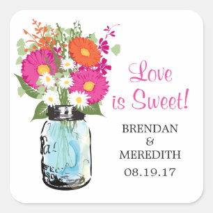 Sticker Carré Mason Jar et Gerber Daisies Mariage
