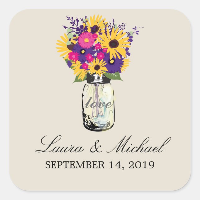 Sticker Carré Mason Jar Floral Mariage (Devant)