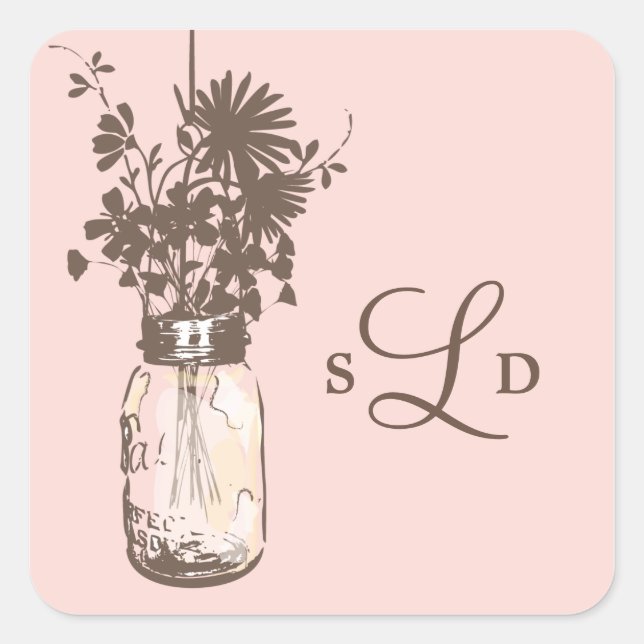 Sticker Carré Mason Jars et Mariage Fleur sauvage (Devant)