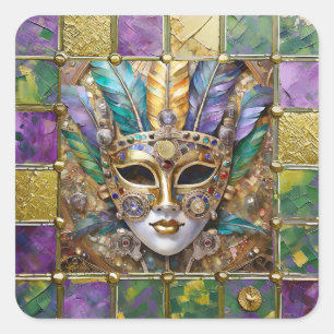 Sticker Carré Masque à plumes coloré en céramique et or Mardi Gr