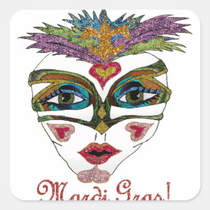Sticker Carré Masque à plumes pailleté de Mardi Gras coloré