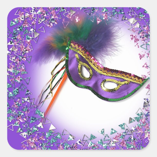 Sticker Carré Masque à plumes violettes Soirée masquée (Devant)