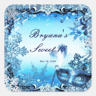 Sticker Carré Masque de bal masqué bleu hivernal et flocons de n