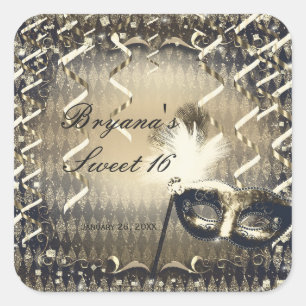 Sticker Carré Masque de bal masqué en or blanc et bronze pour fê