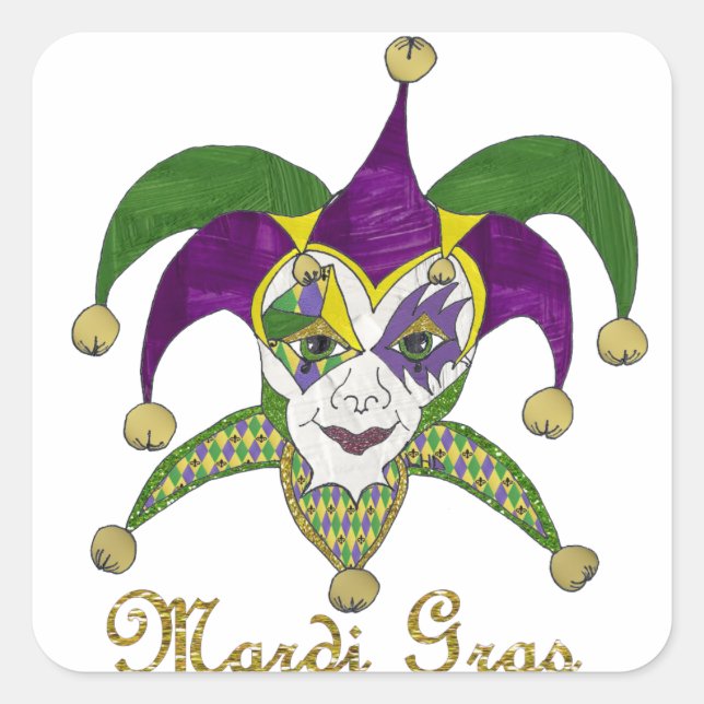 Sticker Carré Masque de bouffons de Mardi Gras coloré (Devant)