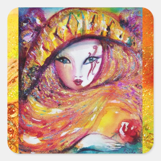 STICKER CARRÉ MASQUE DE CARNIVAL EN JAUNE AVEC ROSE ROUGE (Devant)