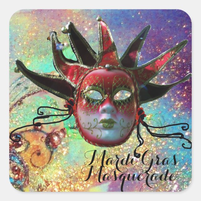 Sticker Carré MASQUE DE JESTER NOIR ET ROUGE À LA FÊTE Mascarade (Devant)