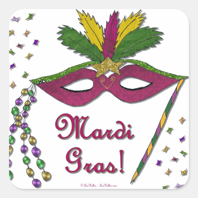 Sticker Carré Masque de Mardi Gras Plumes Perles (Devant)
