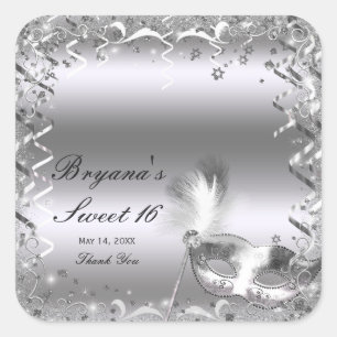 Sticker Carré Masque de Mascarade Argentée Élégant Bal Fête d'An
