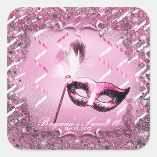 Sticker Carré Masque de Mascarade Rose Élégant Bal Fête