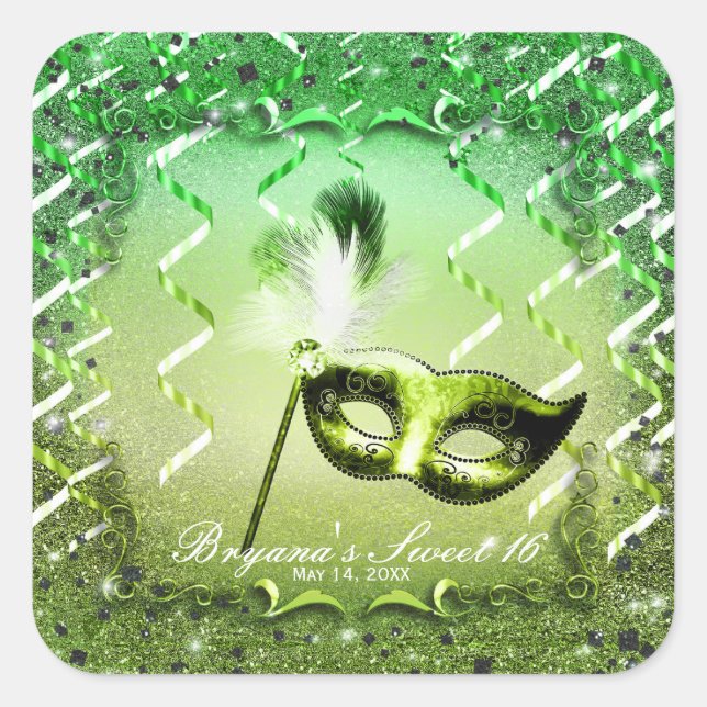 Sticker Carré Masque de Mascarade Vert Élégant Bal Fête (Devant)