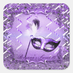 Sticker Carré Masque de Mascarade Violet Élégant Bal Fête