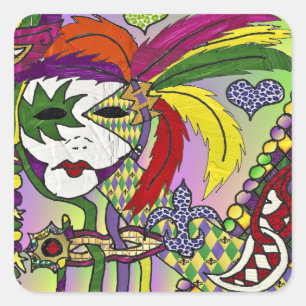 Sticker Carré Masque de plumes de Mardi Gras psychédélique