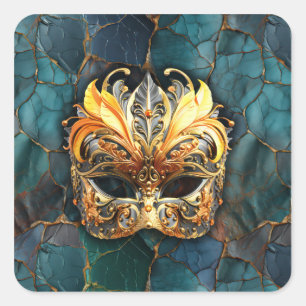Sticker Carré Masque, plumes et Arrière - plan texturé Turquoise