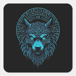 Sticker Carré Masque Wolf Odin Runes Norse Compass Viking