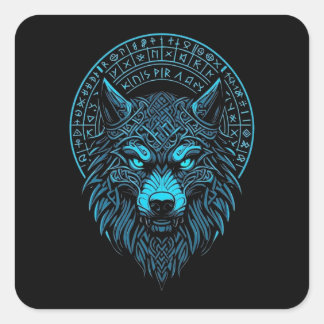 Sticker Carré Masque Wolf Odin Runes Norse Compass Viking