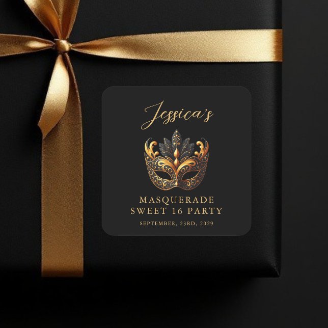 Sticker Carré Masquerade Black Gold Sweet 16 Birthday Party (Créateur téléchargé)