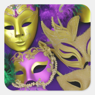 Sticker Carré Masques violet et or Mardi Gras