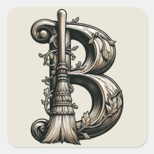 Sticker Carré Mauvaise Sorcière Balai Sorcier Lettre B Initiale 