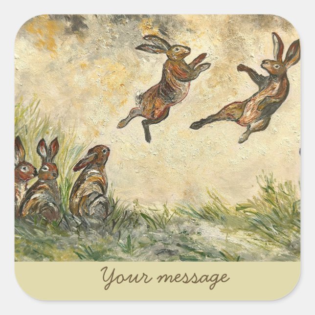 Sticker Carré Meadow Matchup Playful Hares in a Meadow  (Devant)