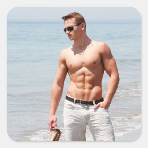 Sticker Carré Mec torse nu musculaire abdos plage sans chemise